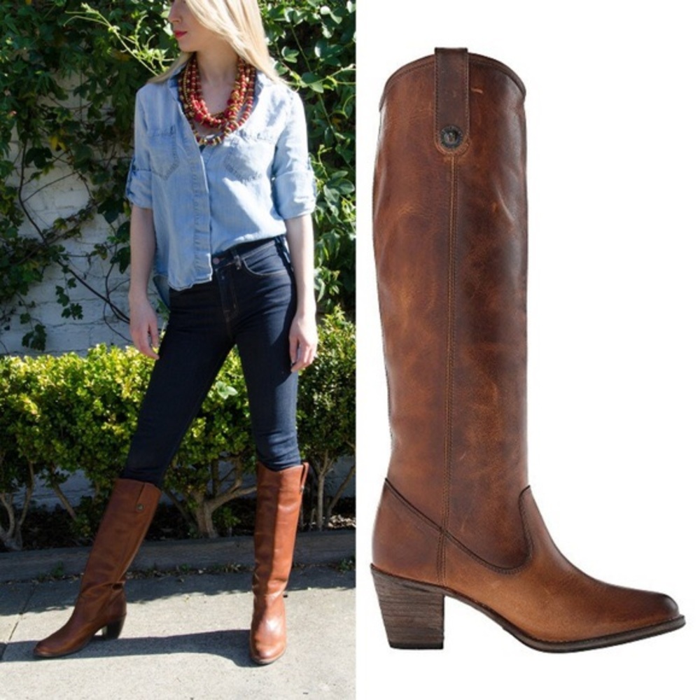$389 Frye Jackie Button Tall Cognac Brown Leather Knee High Fall Winter Boot